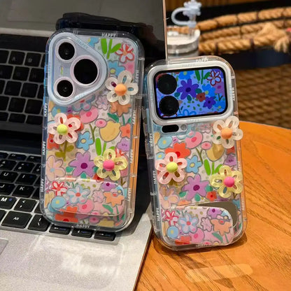 3D Flowers Floral Makeup Mirror Stand Back Cover iPhone Case