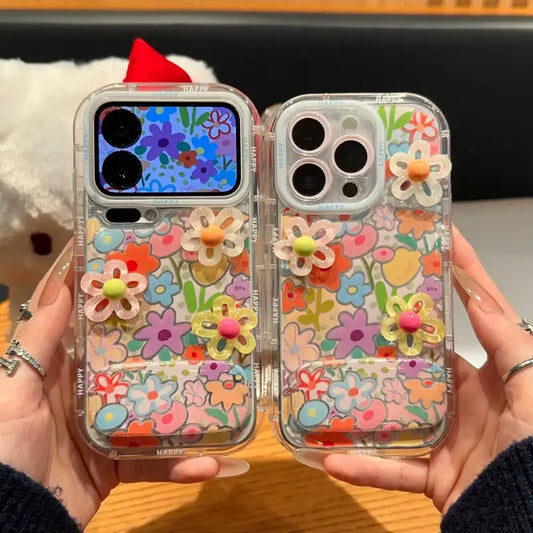 3D Flowers Floral Makeup Mirror Stand Back Cover iPhone Case