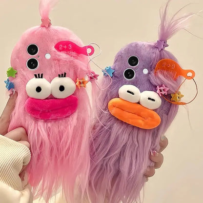 3D Hot Dog Lips Doll with Mini Hairpin Velvet Plush Phone Case for iPhone