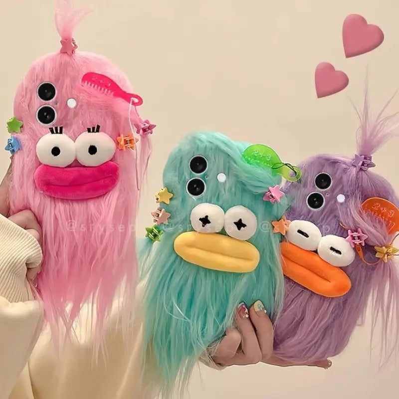 3D Hot Dog Lips Doll with Mini Hairpin Velvet Plush Phone Case for iPhone