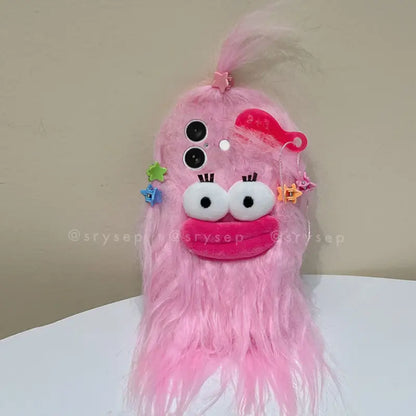 3D Hot Dog Lips Doll with Mini Hairpin Velvet Plush Phone Case for iPhone