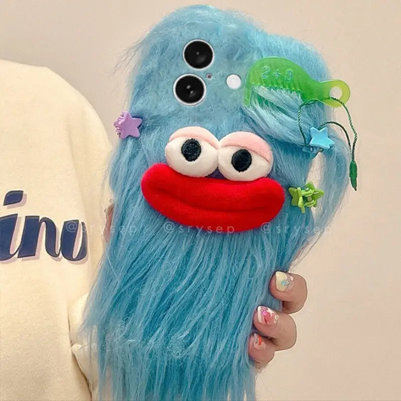 3D Hot Dog Lips Doll with Mini Hairpin Velvet Plush Phone Case for iPhone