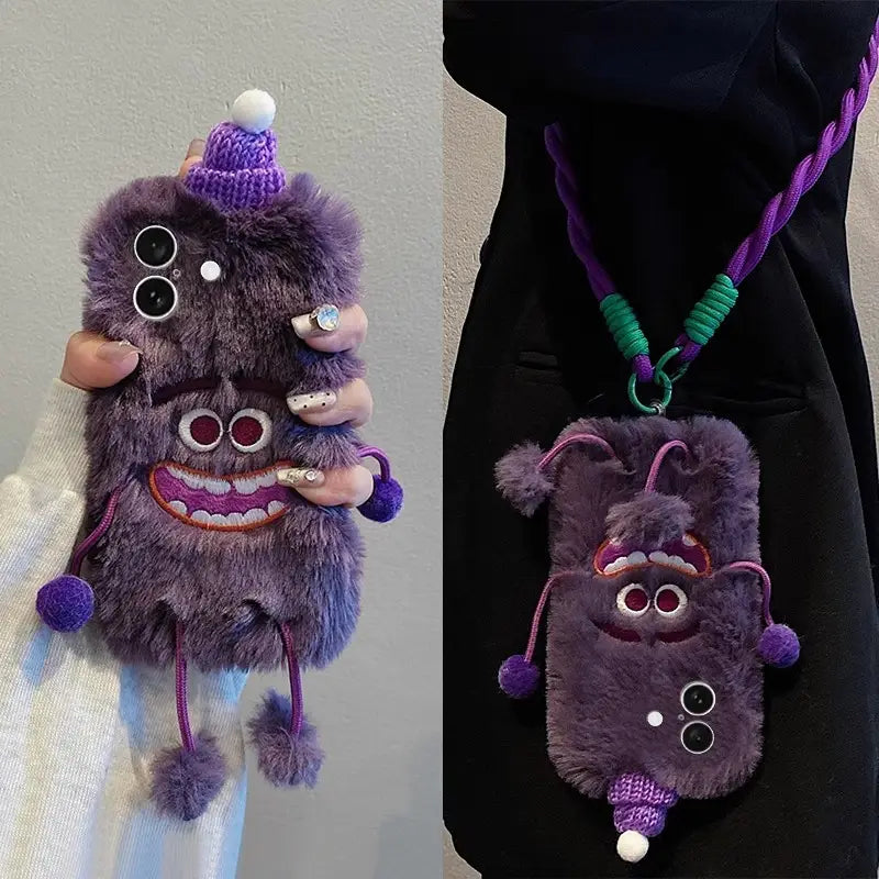 3D Monster Velvet Plush Phone Case for iPhone with Lanyard