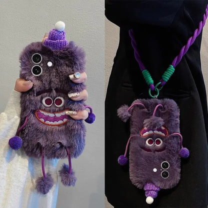 3D Monster Velvet Plush Phone Case for iPhone with Lanyard