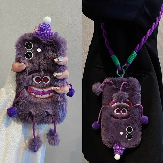 3D Monster Velvet Plush Phone Case for iPhone with Lanyard