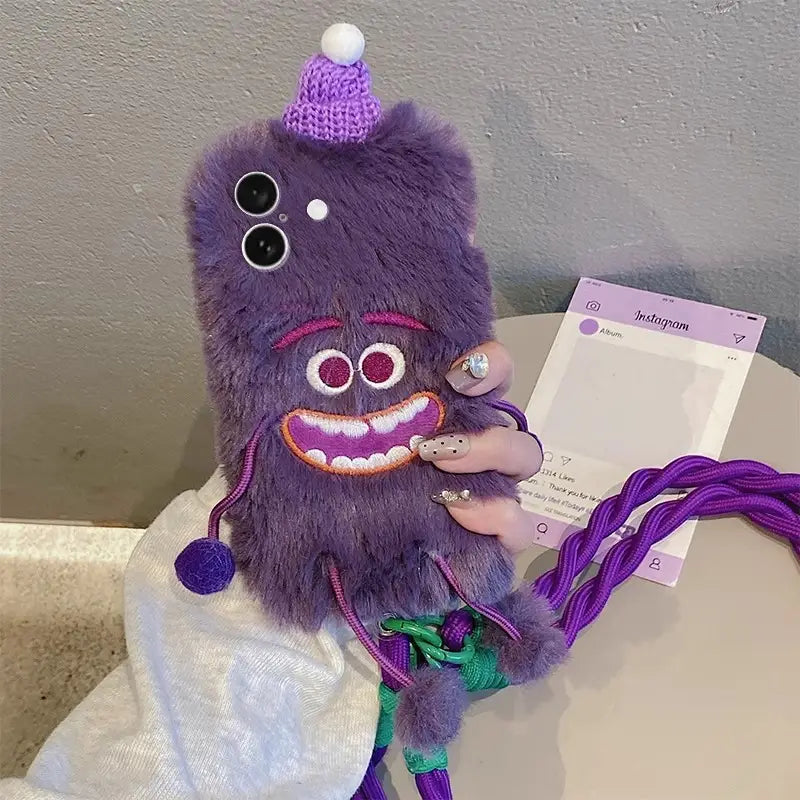 3D Monster Velvet Plush Phone Case for iPhone with Lanyard