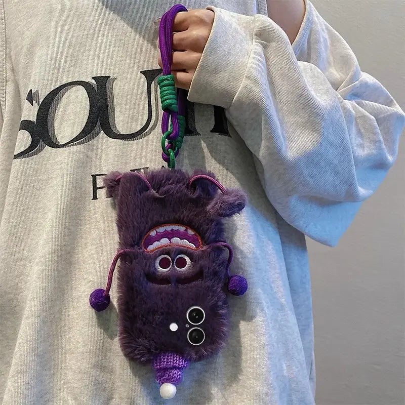 3D Monster Velvet Plush Phone Case for iPhone with Lanyard