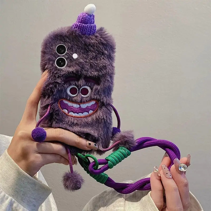 3D Monster Velvet Plush Phone Case for iPhone with Lanyard
