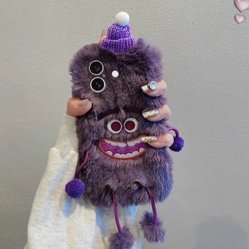 3D Monster Velvet Plush Phone Case for iPhone with Lanyard