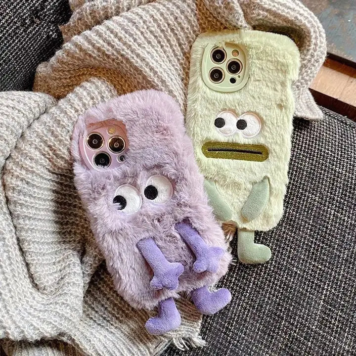 3D Monster Velvet Plush With Bow Lens Protector Phone Case for iPhone