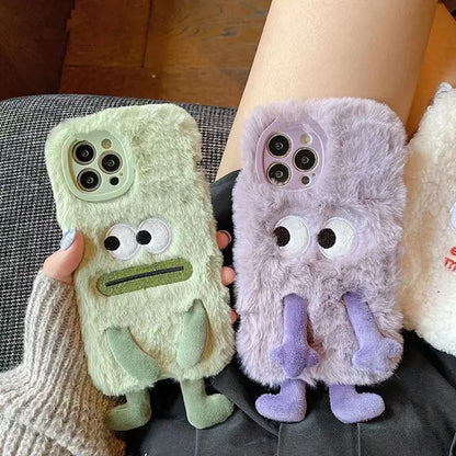 3D Monster Velvet Plush With Bow Lens Protector Phone Case for iPhone