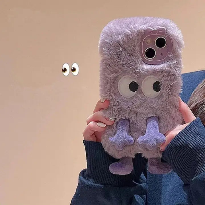 3D Monster Velvet Plush With Bow Lens Protector Phone Case for iPhone