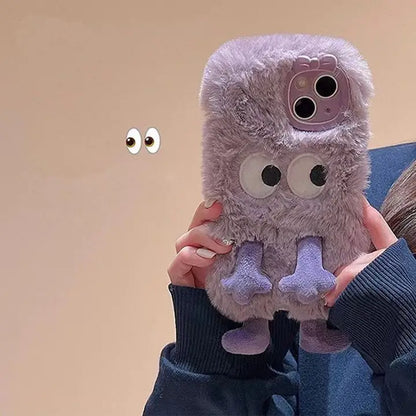 3D Monster Velvet Plush With Bow Lens Protector Phone Case for iPhone