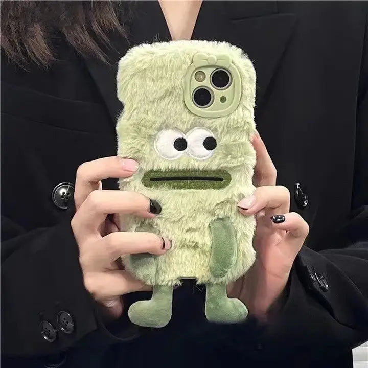 3D Monster Velvet Plush With Bow Lens Protector Phone Case for iPhone