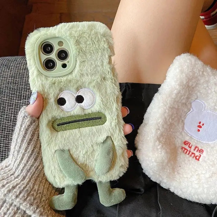 3D Monster Velvet Plush With Bow Lens Protector Phone Case for iPhone