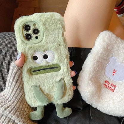 3D Monster Velvet Plush With Bow Lens Protector Phone Case for iPhone