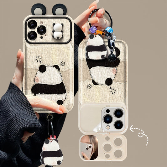 3D Panda Mirror Lens Protector Phone Case for iPhone All 17 16 15 14 13 12 11 X Series Models With Panda Charm