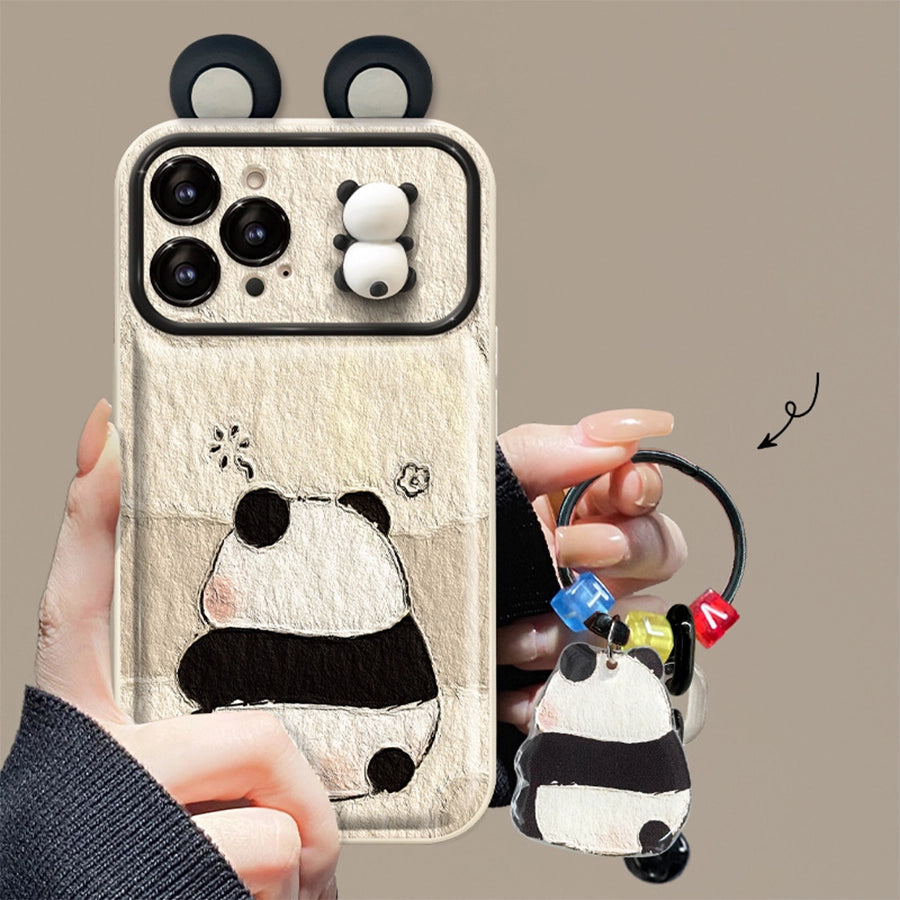 3D Panda Mirror Lens Protector Phone Case for iPhone All 17 16 15 14 13 12 11 X Series Models With Panda Charm