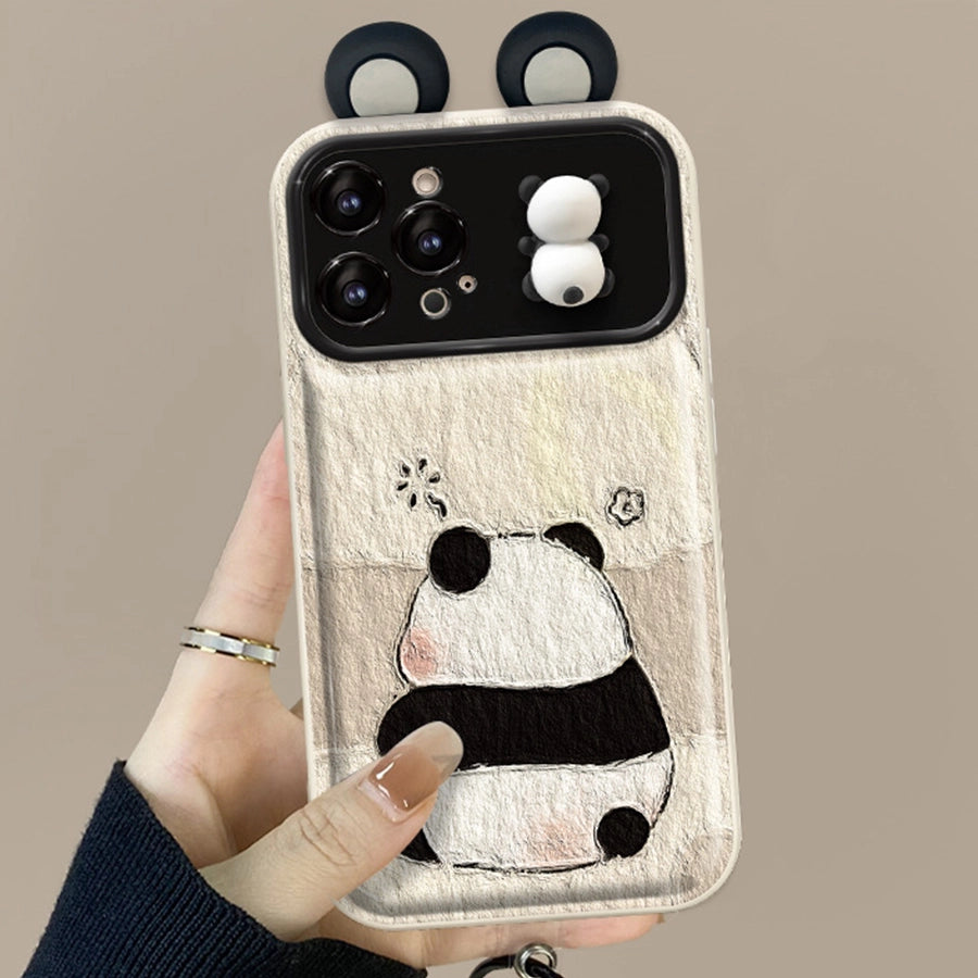 3D Panda Mirror Lens Protector Phone Case for iPhone All 17 16 15 14 13 12 11 X Series Models With Panda Charm