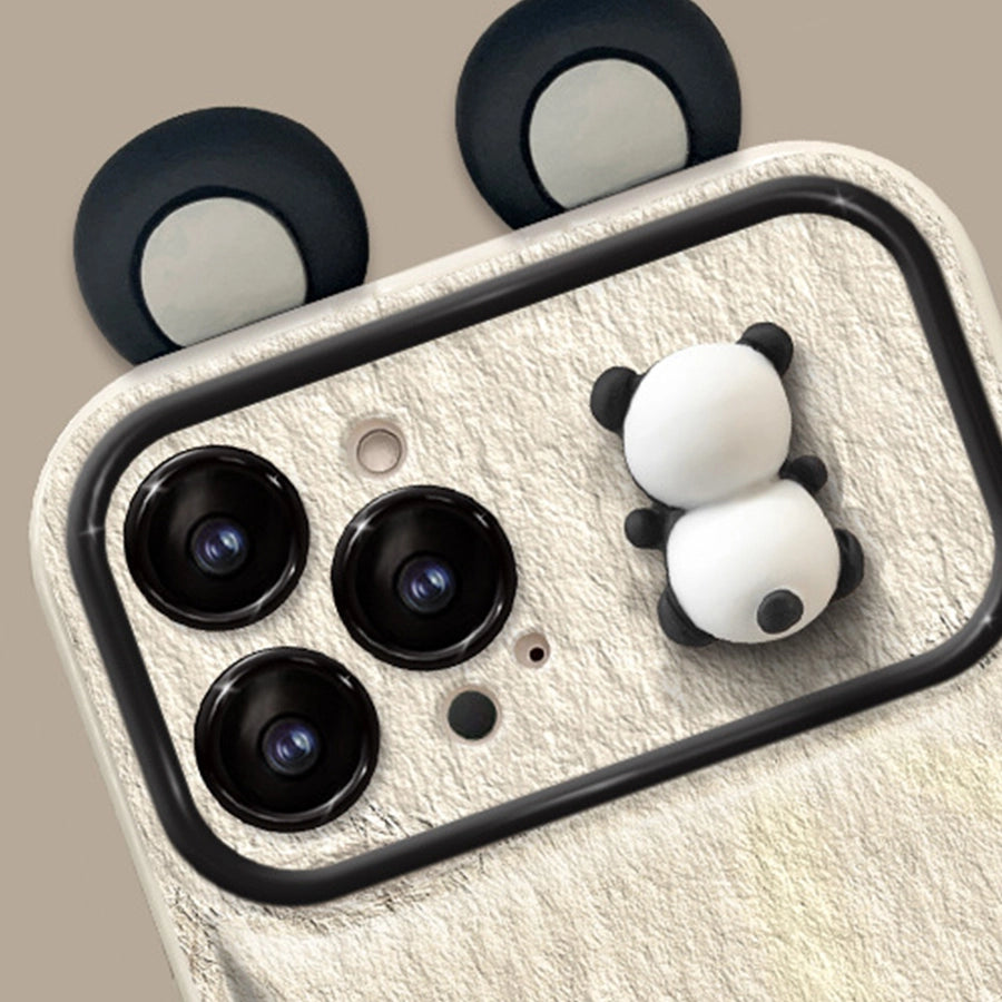 3D Panda Mirror Lens Protector Phone Case for iPhone All 17 16 15 14 13 12 11 X Series Models With Panda Charm