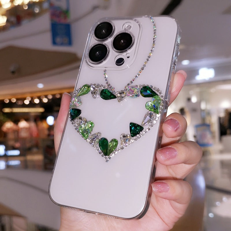 Handmade Minimalist Green Crystal Bling Heart iPhone Case for iPhone 16 15 14 13 12 11 Plus Pro Max