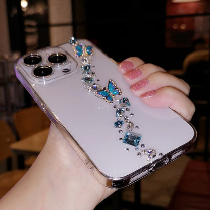 Handmade Minimalist Butterflies Bling Blue Crystal iPhone Case for iPhone 16 15 14 13 12 11 Plus Pro Max