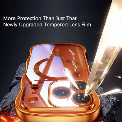 Phone case with tempered glass screen protector being tested against a sharp object on a dark background