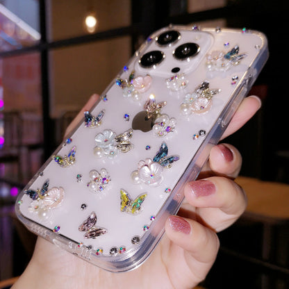 Coque iPhone faite main minimaliste papillon et fleurs à motif diamant