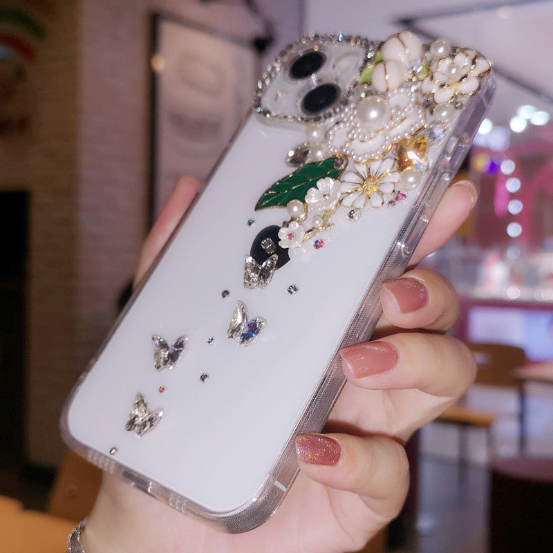 Coque iPhone faite à la main, luxueuse, ornée de diamants, minimaliste, à fleurs, coque arrière