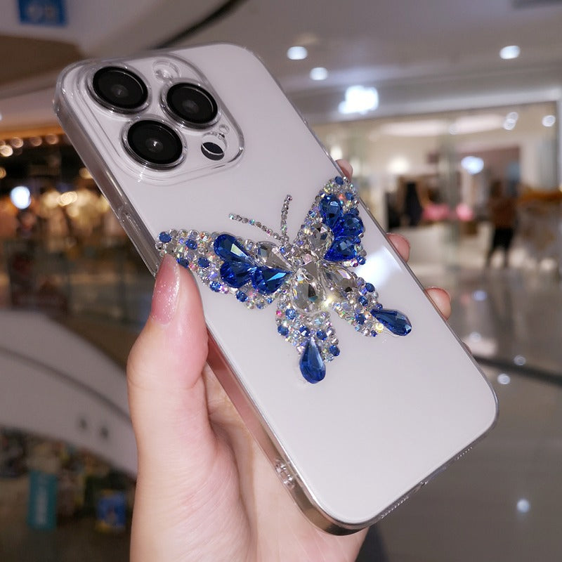 Handmade Minimalist Blue Crystal Bling Butterfly iPhone Case for iPhone 16 15 14 13 12 11 Plus Pro Max