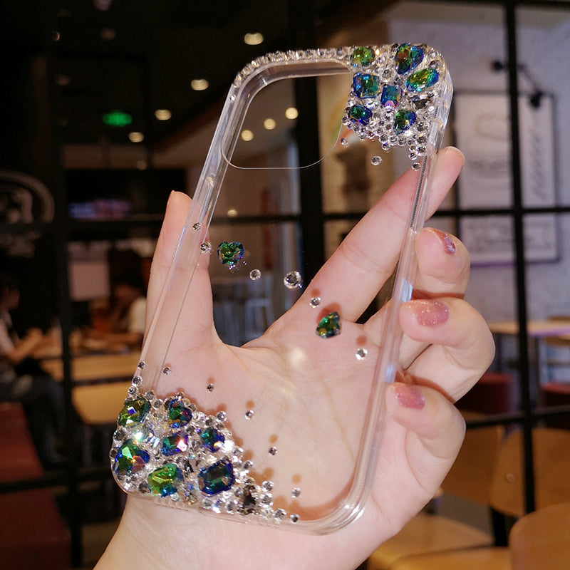 Coque iPhone faite main minimaliste à strass vert diamant