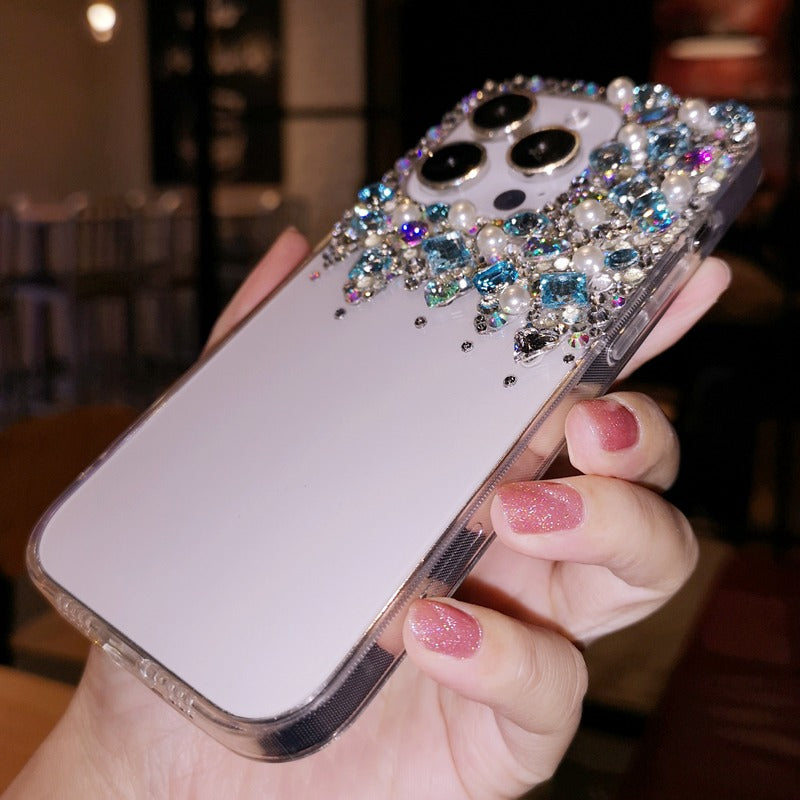 Handmade iPhone Case Minimalist Bling Diamond with Blue Crystals Case for iPhone 16 15 14 13 12 11 Plus Pro Max