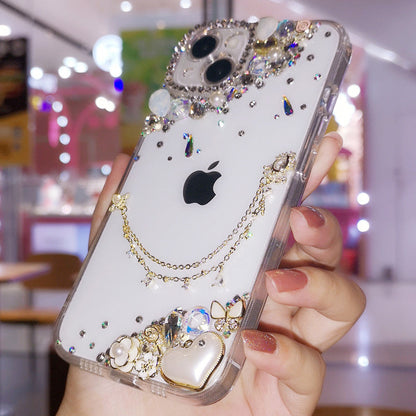 Coque iPhone faite à la main, luxueuse et minimaliste avec strass et diamants.