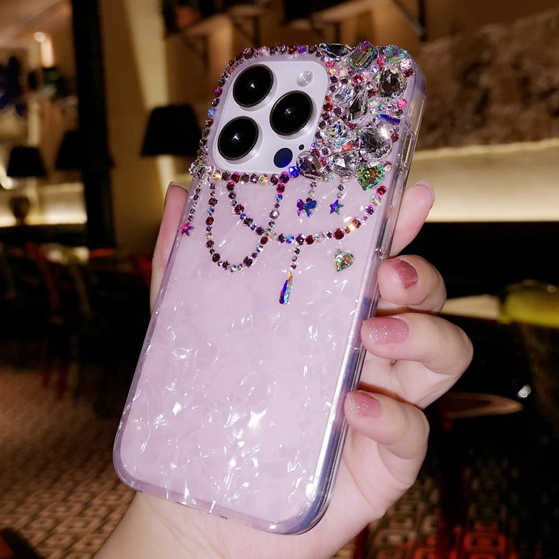 Handmade Minimalist Shell Pattern with Bling Crystal iPhone Case for iPhone 16 15 14 13 12 11 Plus Pro Max