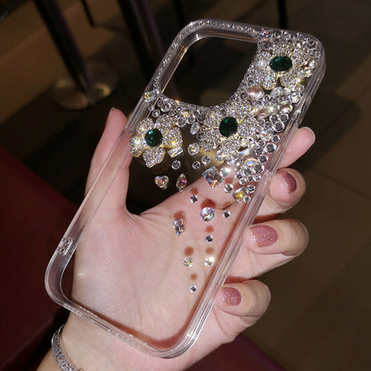 Coque iPhone faite main, minimaliste, fleurs, strass, dos en forme de diamant
