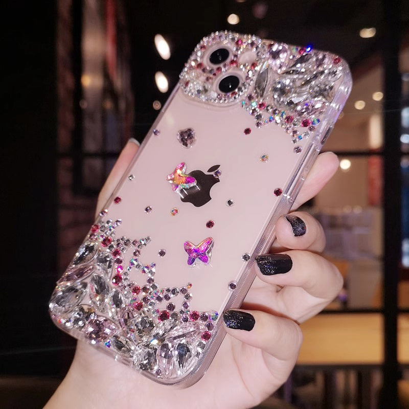 Coque iPhone faite à la main, luxueuse, ornée de diamants, minimaliste, avec papillon.