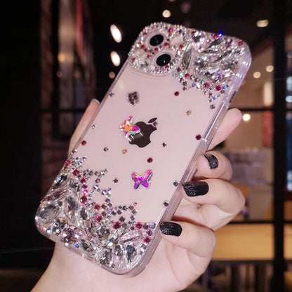 Coque iPhone faite à la main, luxueuse, ornée de diamants, minimaliste, avec papillon.