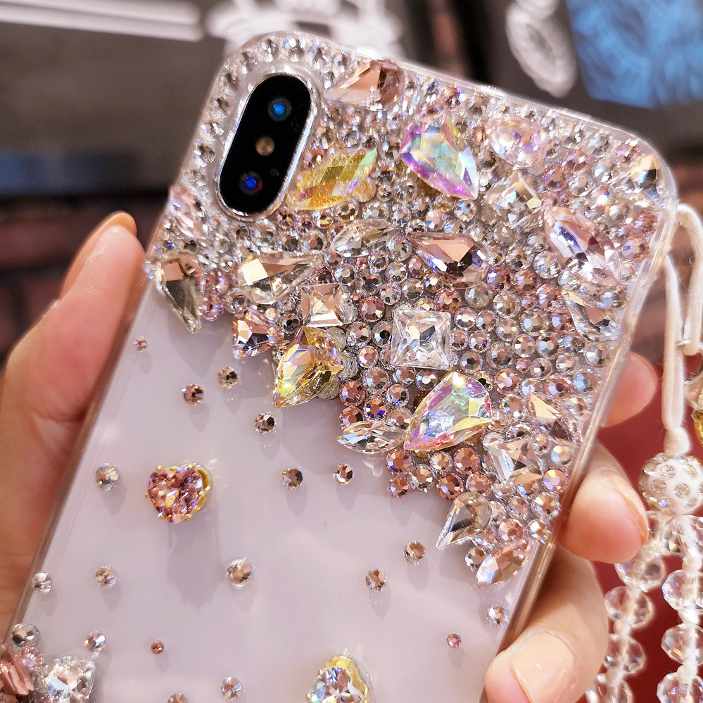 Handmade iPhone Case Luxury Bling Diamond Minimalist Heart with Lanyard for iPhone 16 15 14 13 12 11 Plus Pro Max