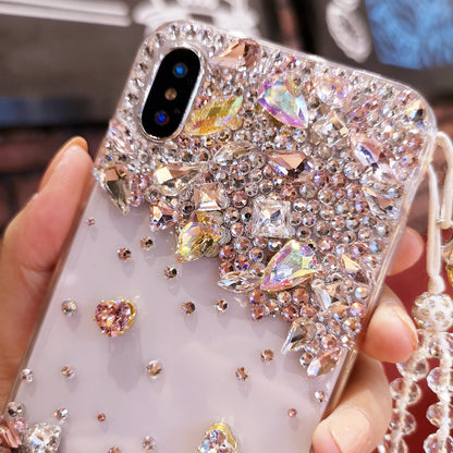 Handmade iPhone Case Luxury Bling Diamond Minimalist Heart with Lanyard for iPhone 16 15 14 13 12 11 Plus Pro Max