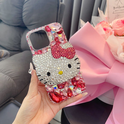 Handmade 3D Kitty Gorgeous Bling Rose Red Rhinestones Phone Case for iPhone 17 16 15 14 13 12 11 Plus Pro Max