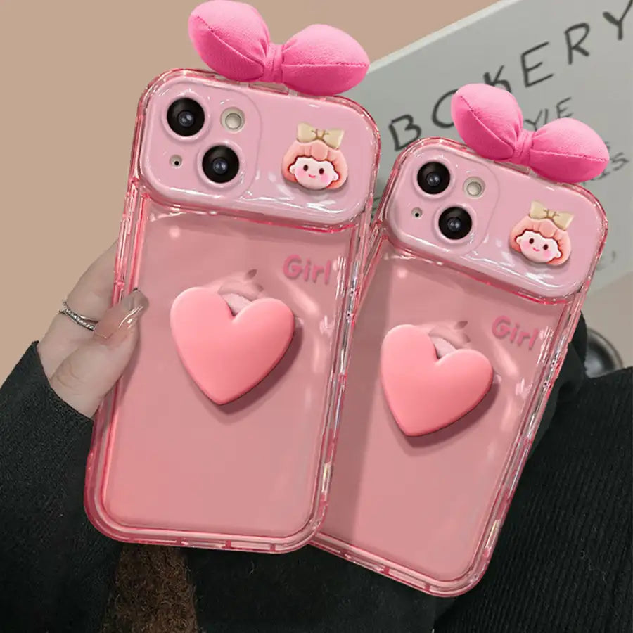 3D Pink Bow Heart Back Cover iPhone Case With Foldable Makeup Mirror