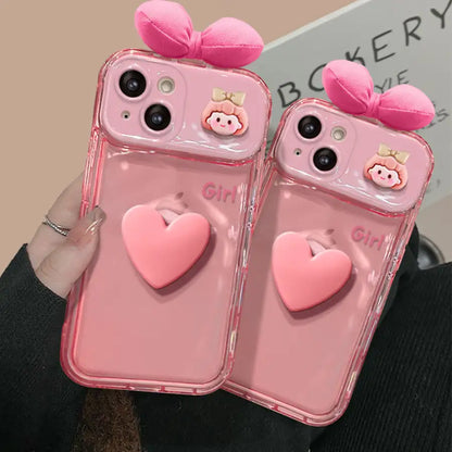 3D Pink Bow Heart Back Cover iPhone Case With Foldable Makeup Mirror