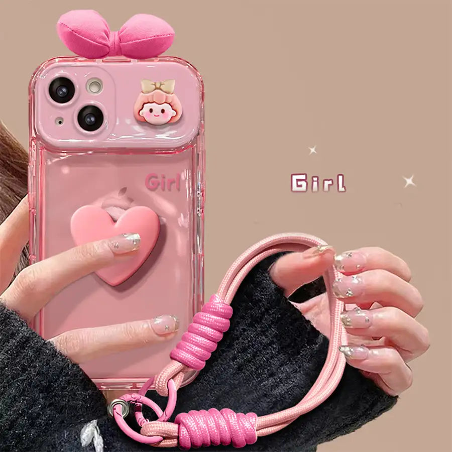 3D Pink Bow Heart Back Cover iPhone Case With Foldable Makeup Mirror