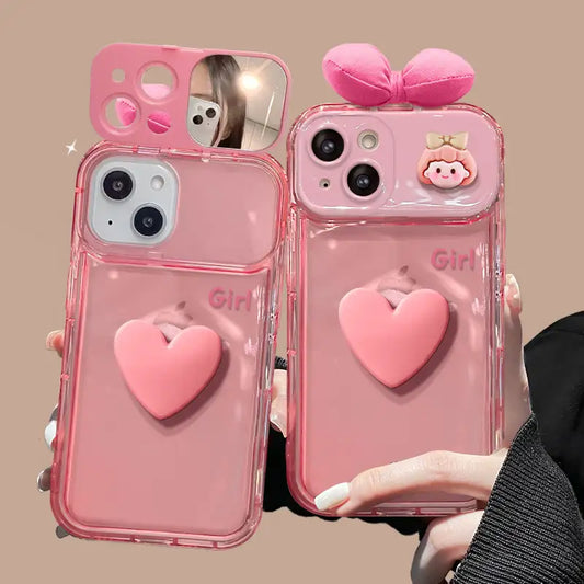 3D Pink Bow Heart Back Cover iPhone Case With Foldable Makeup Mirror