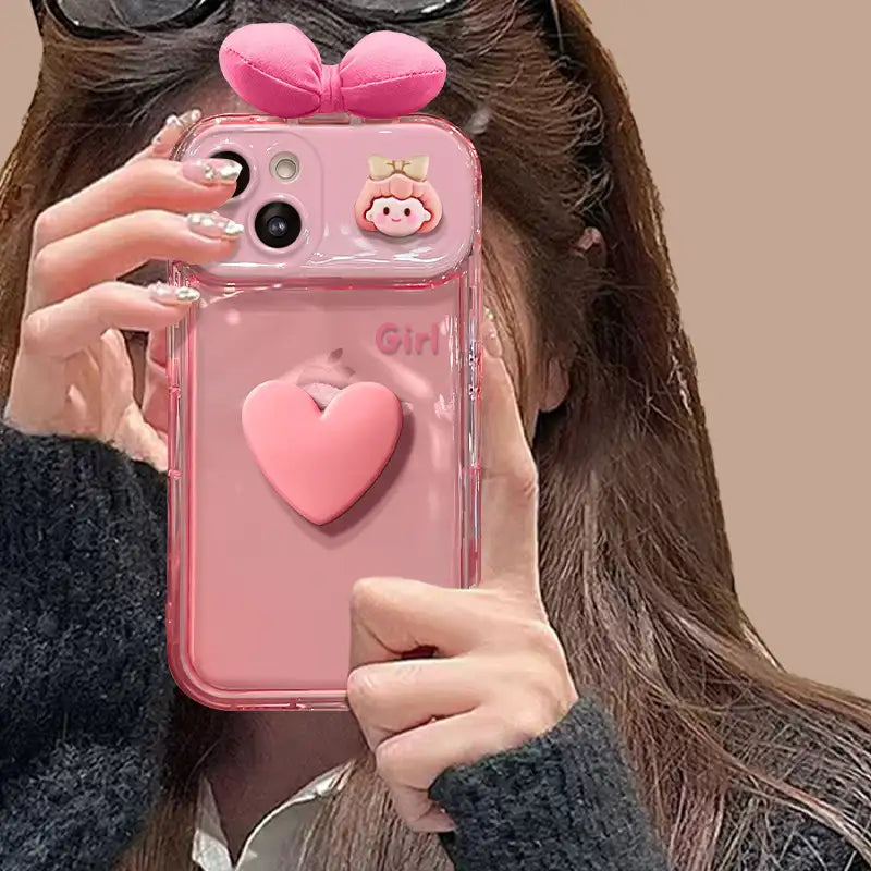 3D Pink Bow Heart Back Cover iPhone Case With Foldable Makeup Mirror