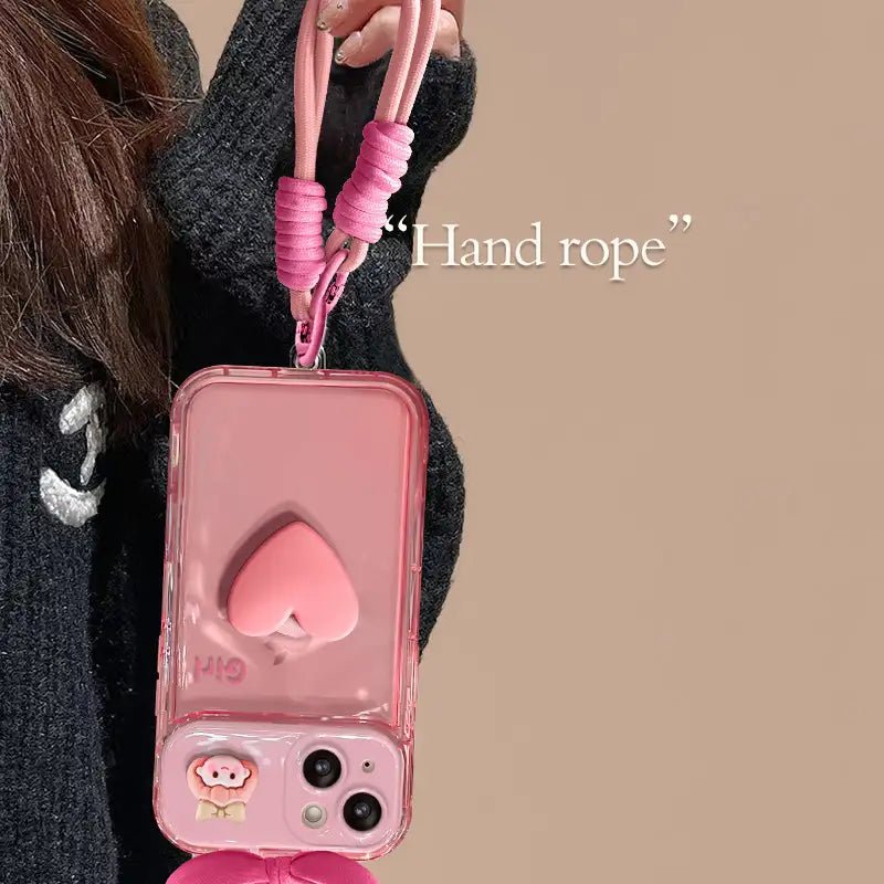 3D Pink Bow Heart Back Cover iPhone Case With Foldable Makeup Mirror