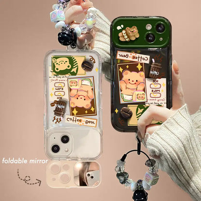 Cute Bear With Foldable Mirror Phone Case For iPhone 3D Coffee Decorations Back Cover