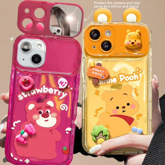 Strawberry Bear + Winnie the Pooh flip phone case (with mirror and stand)