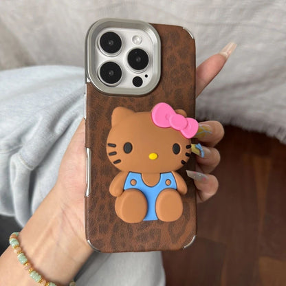 Retro leopard print Kitty cat stand phone case
