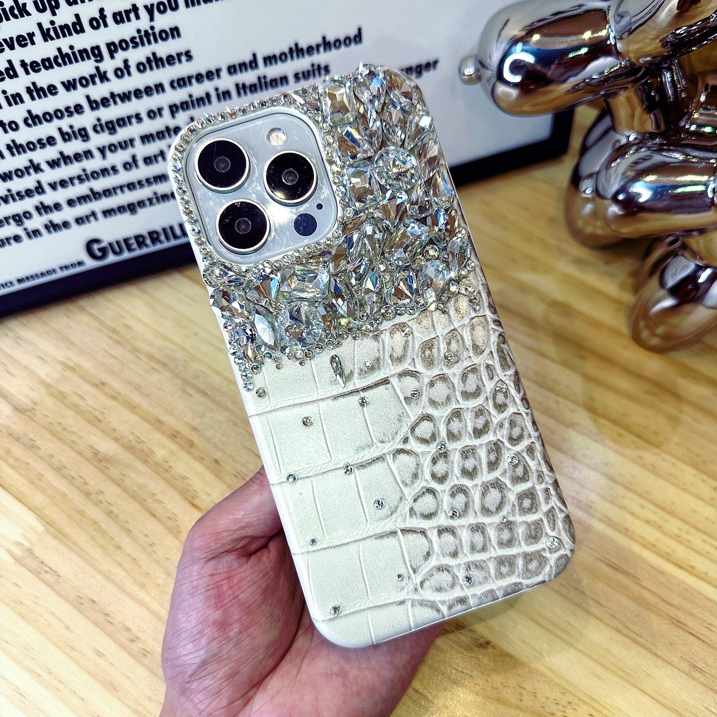 Crocodile Pattern with White Crystals Phone Case Compatible iPhone for iPhone 16 15 14 13 12 11 Plus Pro Max